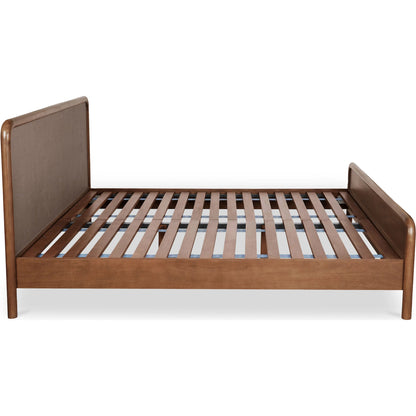 Rye Bed by Moe's Home Collection in warm brown. Made from solid mango wood frame, tatami mat over mdf headboard, footboard, wood slats in a traditional style.