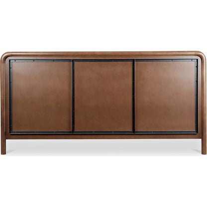 Rye Bed by Moe's Home Collection in warm brown. Made from solid mango wood frame, tatami mat over mdf headboard, footboard, wood slats in a traditional style.