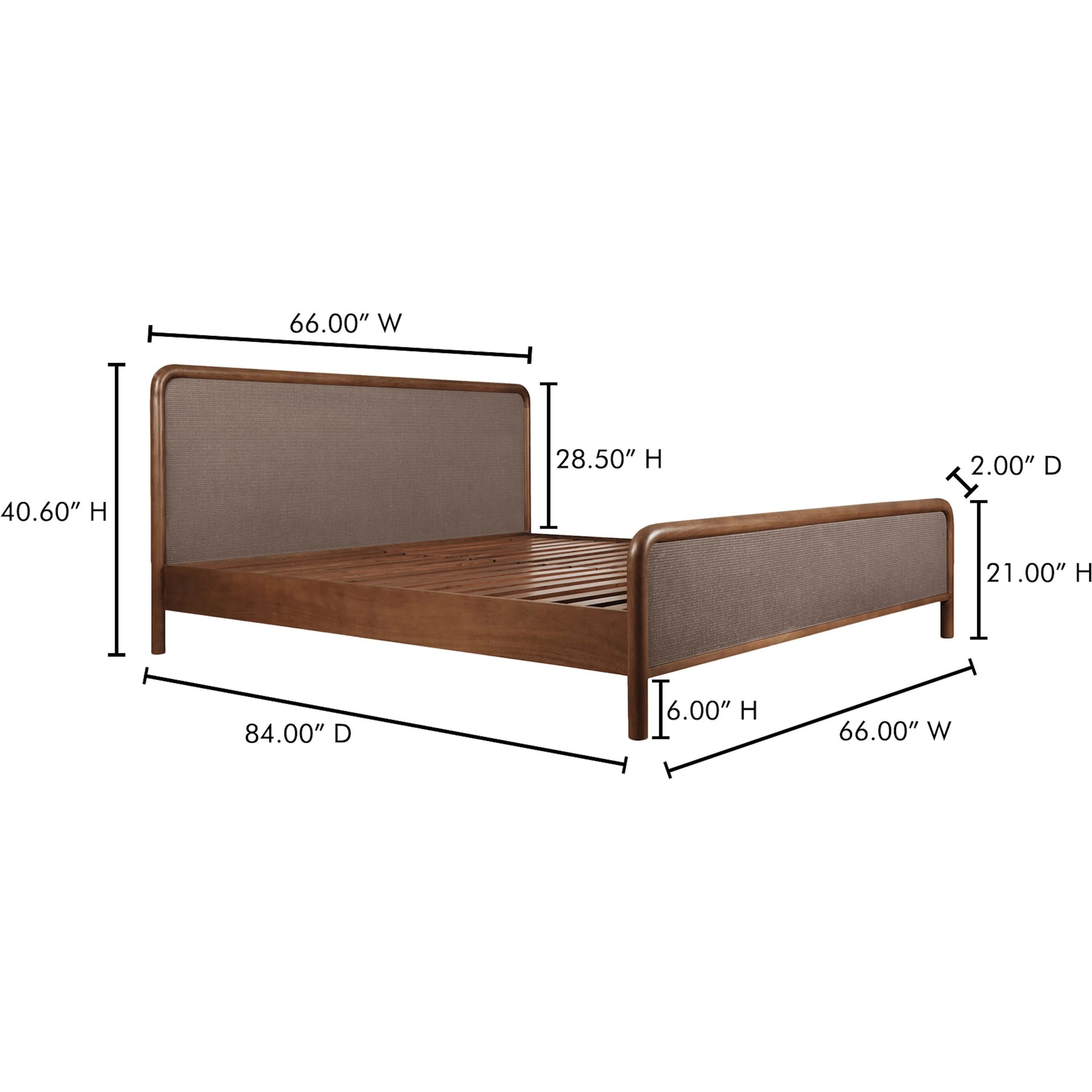Rye Bed by Moe's Home Collection in warm brown. Made from solid mango wood frame, tatami mat over mdf headboard, footboard, wood slats in a traditional style.