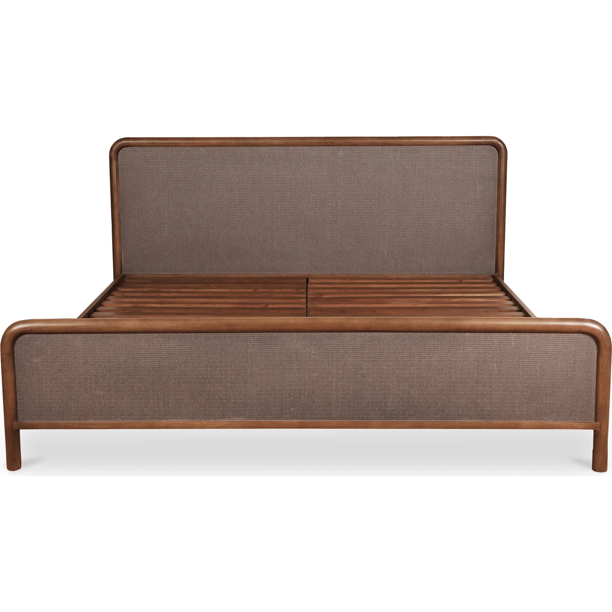 Rye Bed by Moe's Home Collection in warm brown. Made from solid mango wood frame, tatami mat over mdf headboard, footboard, wood slats in a traditional style.
