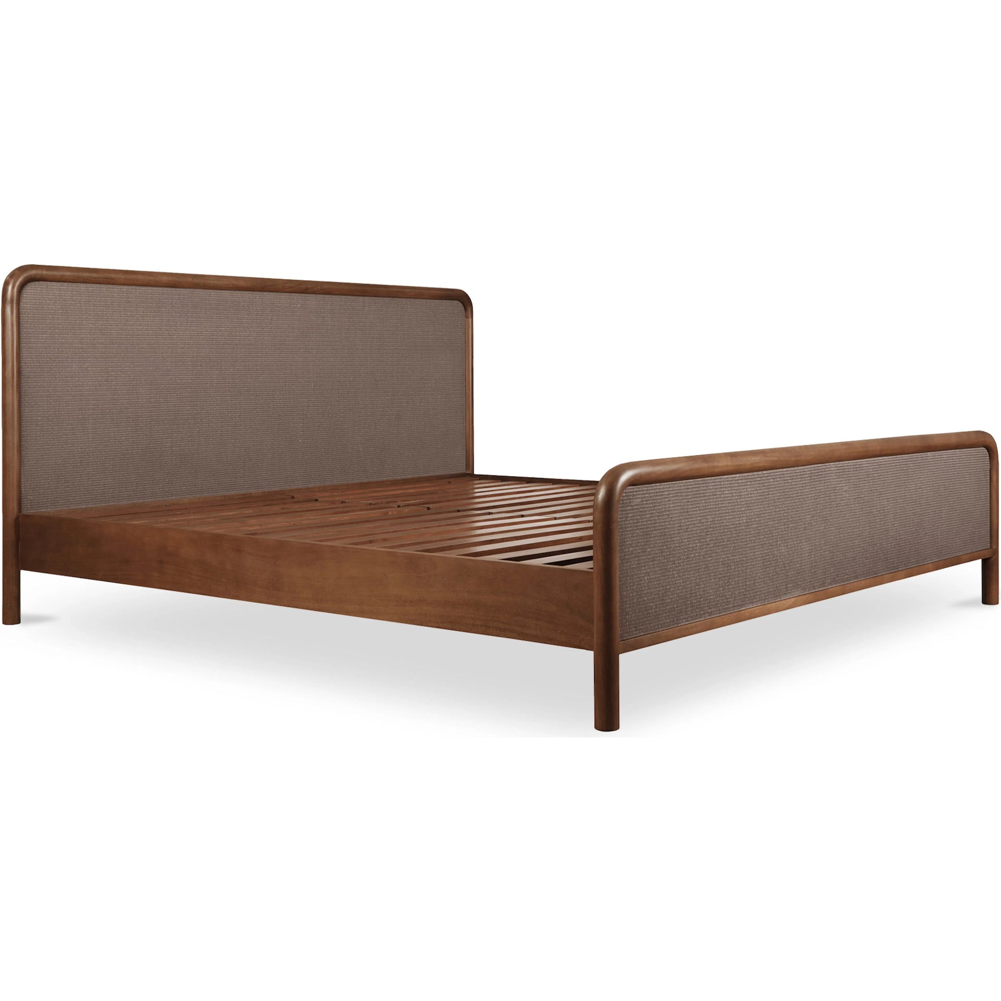Rye Bed by Moe's Home Collection in warm brown. Made from solid mango wood frame, tatami mat over mdf headboard, footboard, wood slats in a traditional style.