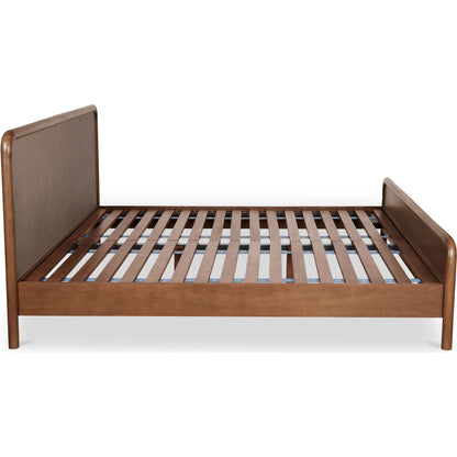 Rye Bed by Moe's Home Collection in warm brown. Made from solid mango wood frame, tatami mat over mdf headboard, footboard, wood slats in a traditional style.
