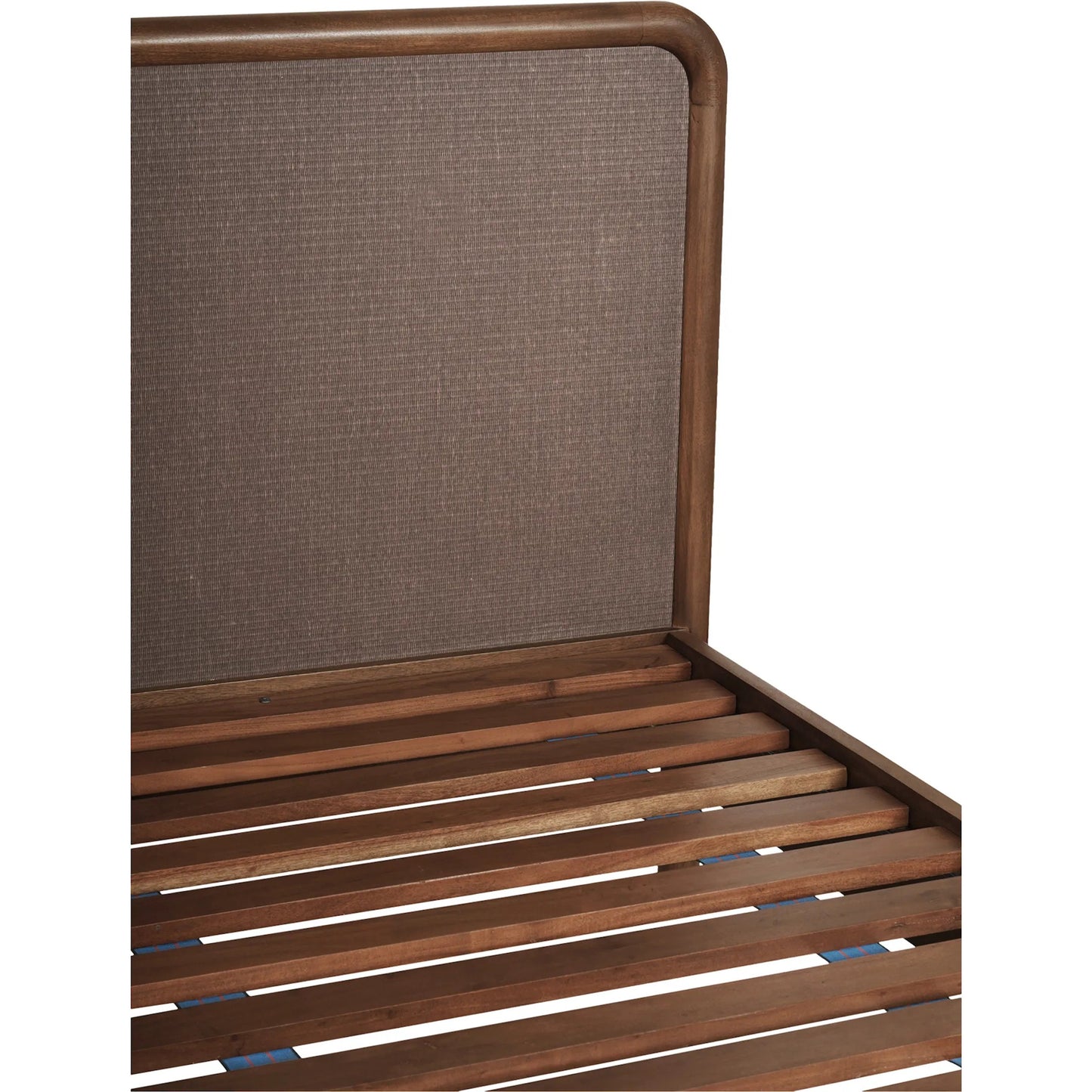 006 SI-2368319 | Closeup | Rye Bed by Moe's Home Collection in warm brown. Made from solid mango wood frame, tatami mat over mdf headboard, footboard, wood slats in a traditional style.