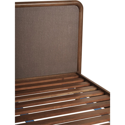 Rye Bed by Moe's Home Collection in warm brown. Made from solid mango wood frame, tatami mat over mdf headboard, footboard, wood slats in a traditional style.