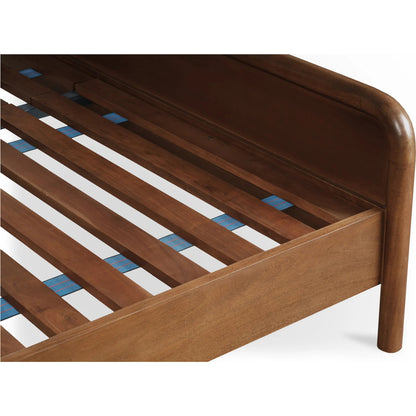 Rye Bed by Moe's Home Collection in warm brown. Made from solid mango wood frame, tatami mat over mdf headboard, footboard, wood slats in a traditional style.