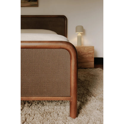 Rye Bed by Moe's Home Collection in warm brown. Made from solid mango wood frame, tatami mat over mdf headboard, footboard, wood slats in a traditional style.