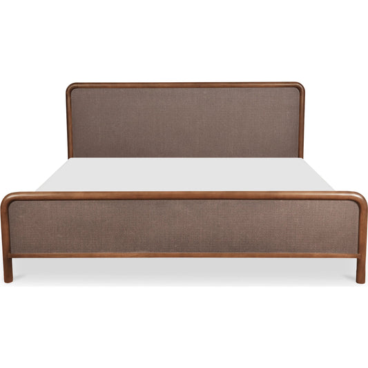 Rye Bed by Moe's Home Collection in warm brown. Made from solid mango wood frame, tatami mat over mdf headboard, footboard, wood slats in a unique style.