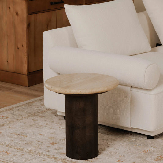 Landon Accent Table by Moe's Home Collection in glazed brown. Made from turkish beige travertine, mango wood in a modern style.