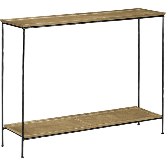 Boyles Console Table by Currey and Company in black iron, antique brass. Made from iron, cast aluminum in a traditional style.