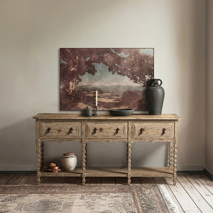 Sagehill Spindle-Leg Console by Jonathan Charles in timberon grey oak. Made from main oak in a unique style.