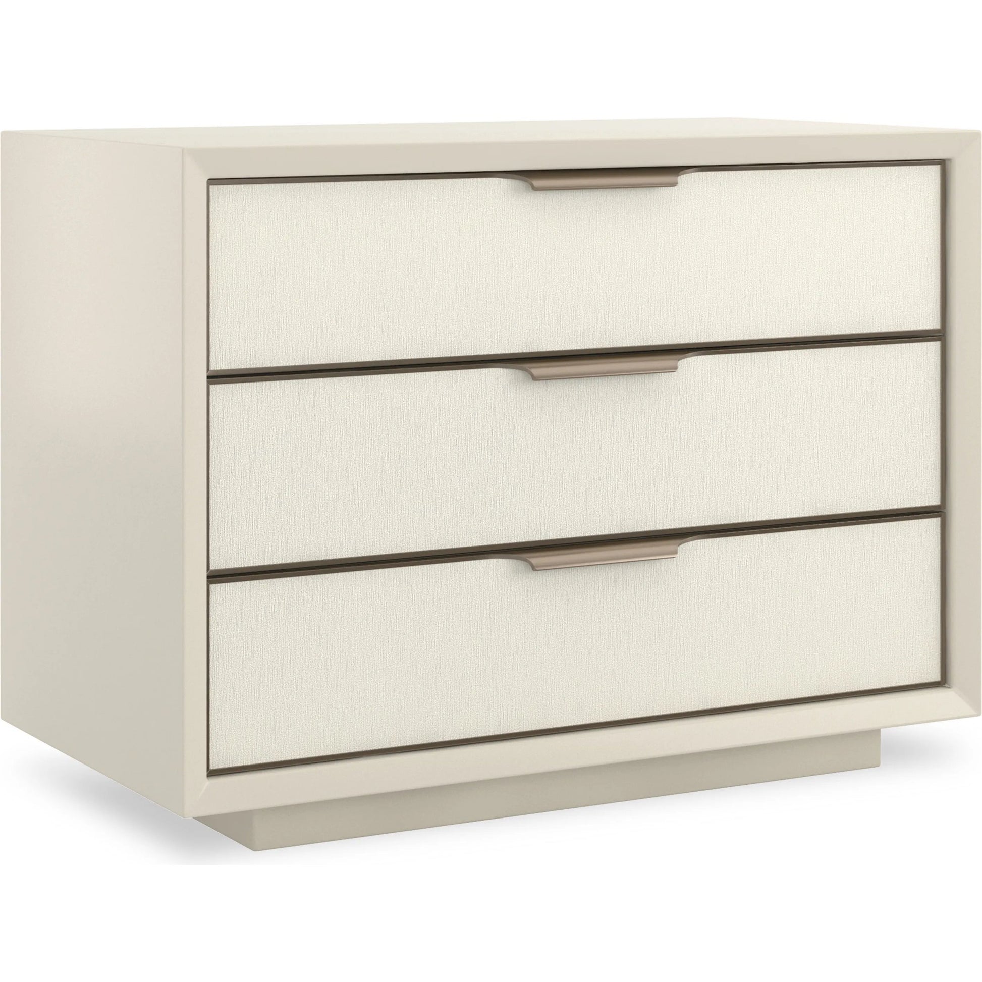 Triple Wrap 3-Drawer Nightstand by Caracole in almond milk, champagne gold. Made from asian hardwood in a transitional style.