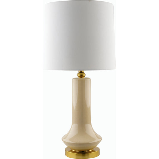Bozrah Accent Table Lamp - 533189 by Livabliss in body: cream, base: gold, shade: white, finial: metallic - gold, harp: metallic - gold, cord: translucent and plateddistressedplated. Made from ceramic, iron, linen, polyester