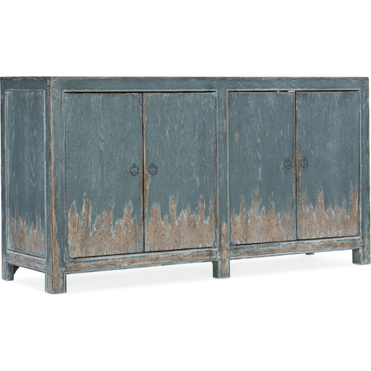 Boheme Media Console by Hooker Furniture in aged blue. Made from white oak veneers in a eclectic & global style.