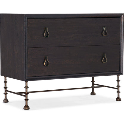 Big Sky 2-Drawer Bachelors Chest by Hooker Furniture. Made from pecky hickory veneers, cedar, metal, solid-wood edged top in a modern style.