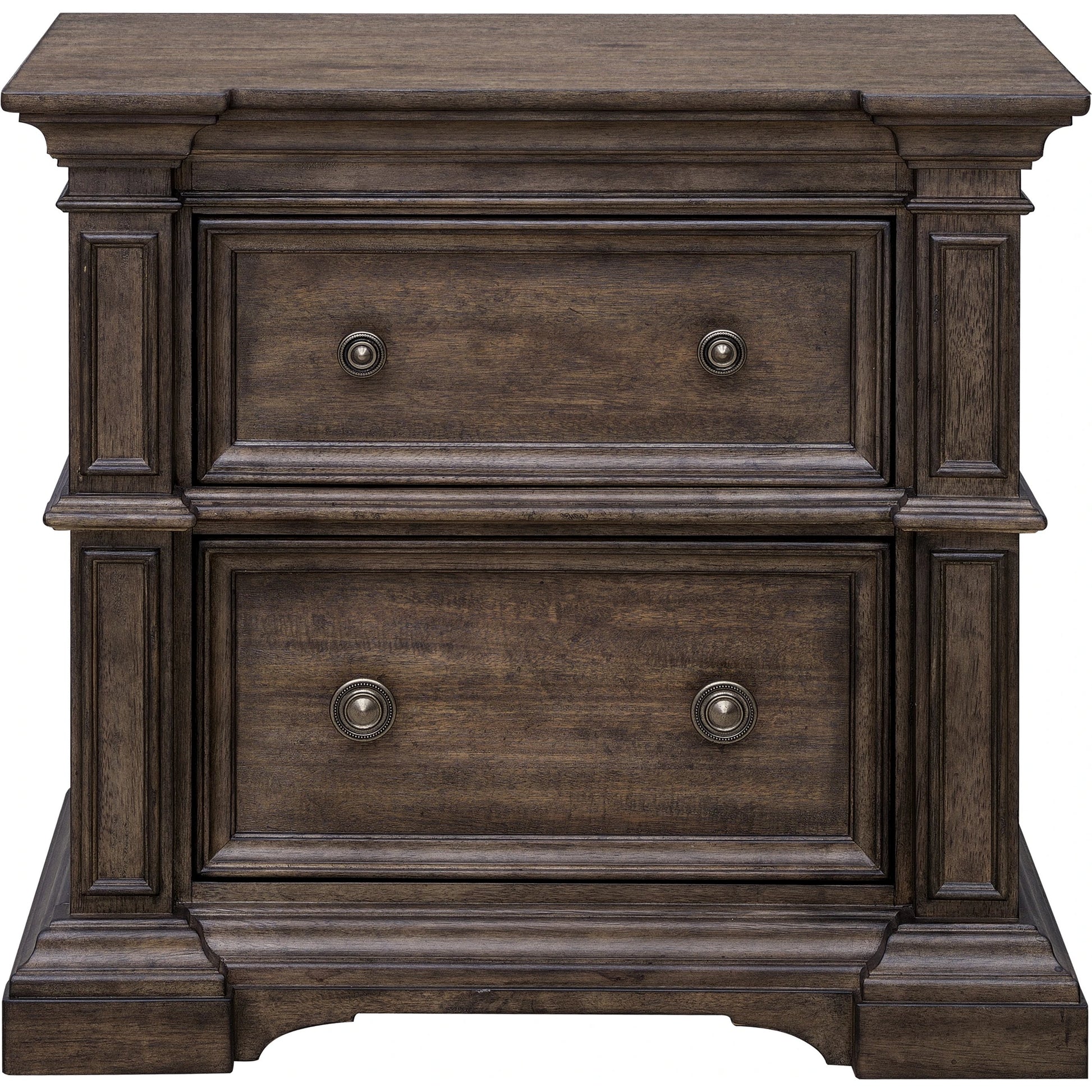 Woodbury Two-Drawer Nightstand by Pulaski Furniture in cowboy boots brown. Made from rubberwood in a traditional style.