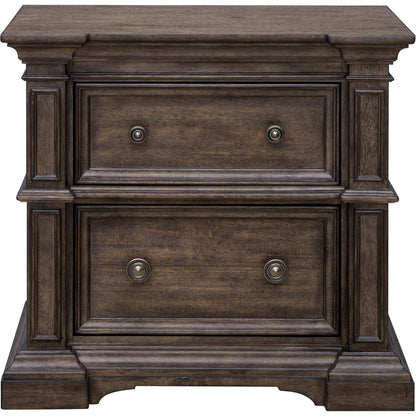 Woodbury Two-Drawer Nightstand by Pulaski Furniture in cowboy boots brown. Made from rubberwood in a traditional style.