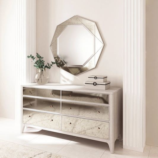 Mezzanine Round Mirror by A.R.T. Furniture in dove gray. Made from parawood, poplar solids, mirror in a modern style.