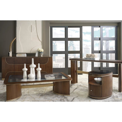 Melange Contours Credenza by Hooker Furniture in dark wood and walnut. Made from unique in a modern style.