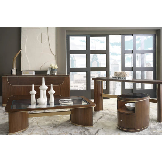 Melange Contours Console by Hooker Furniture in dark wood and walnut. Made from unique in a unique style.