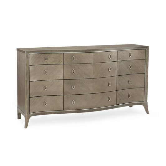 Ash Long Dresser by Caracole in linen, silver, pearl and elegant linen, soft silver paint. Made from quarter ash, birch in a transitional style.