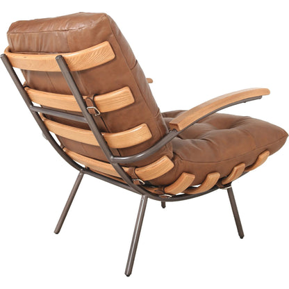 Stretta Chair by Zentique in light brown wood, light brown top grain leather. Made from rubber wood, top-grain leather in a traditional style.