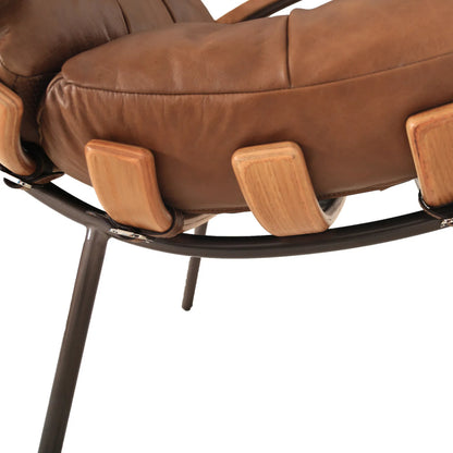 Stretta Chair by Zentique in light brown wood, light brown top grain leather. Made from rubber wood, top-grain leather in a traditional style.
