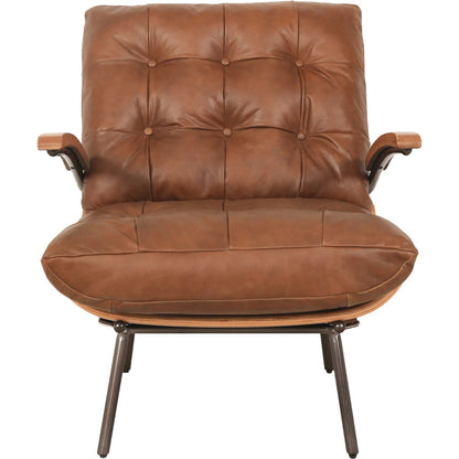 Stretta Chair by Zentique in light brown wood, light brown top grain leather. Made from rubber wood, top-grain leather in a traditional style.