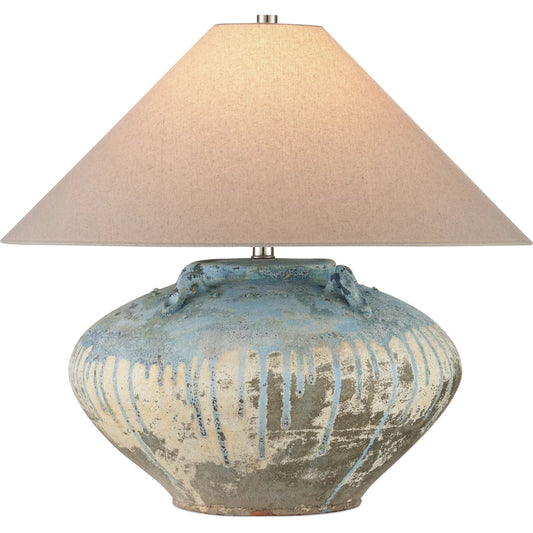 Catania Table Lamp by Currey and Company in antique blue drip. Made from terracotta in a unique style.