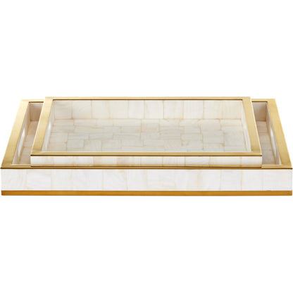 Casey Mother of Pearl Tray Set by Currey and Company in natural, brass. Made from mother of pearl, stainless steel, wood in a modern style.