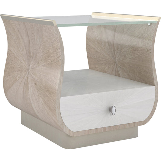 Lillian Rectangle End Table by Caracole in natural and stone manor, ivory wash, soft radiance. Made from birch, koto, figured sycamore in a unique style.