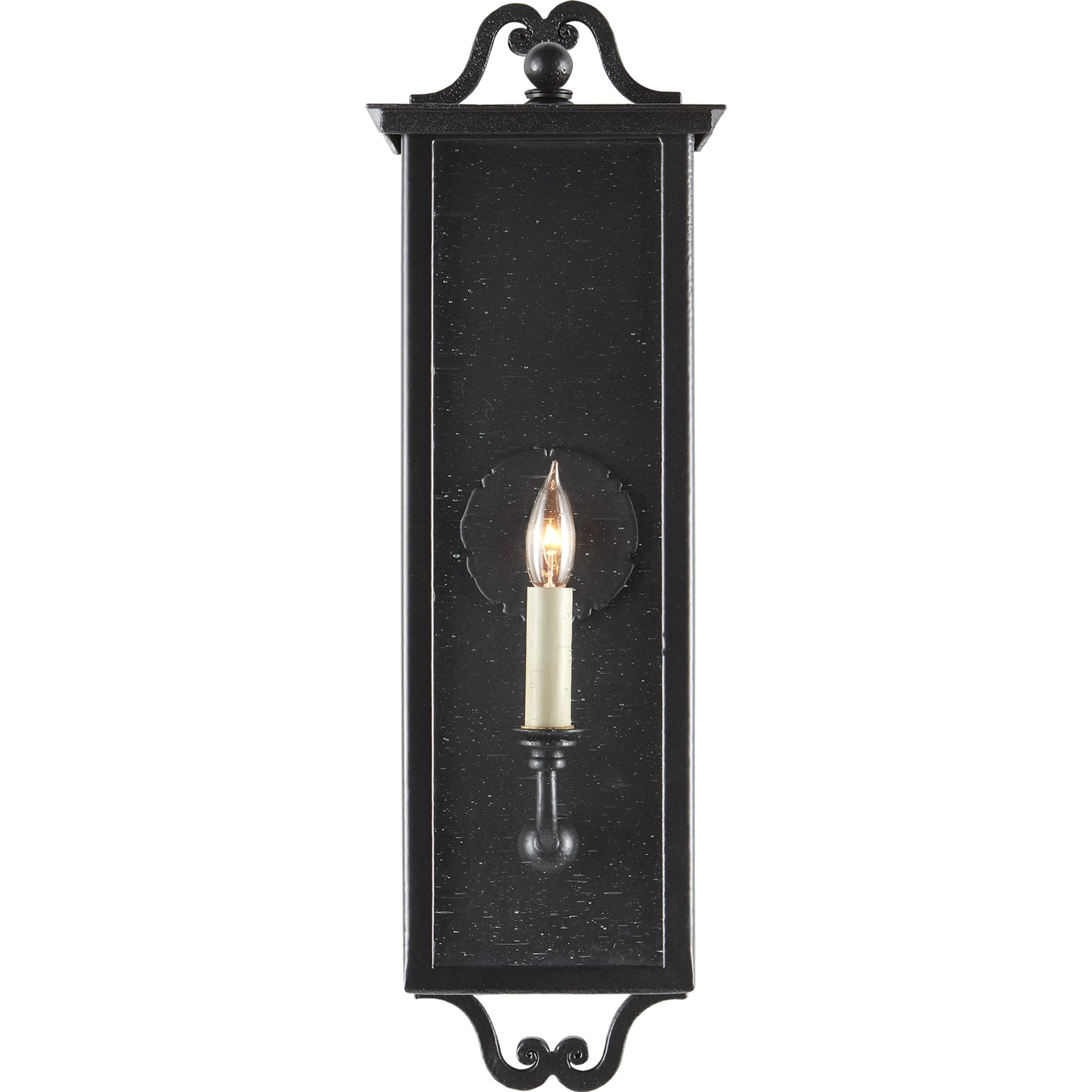 Giatti Outdoor Wall Sconce by Currey and Company in midnight (pure black). Made from wrought iron, glass in a traditional style.