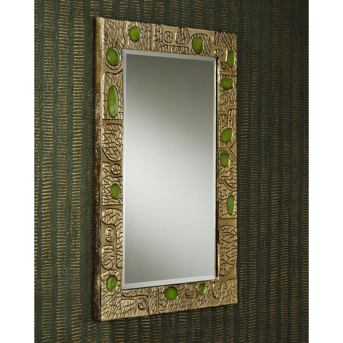 004 SI-2257173 | Lifestyle | Beau Monde Mirror by Currey and Company in gold, green. Made from cast aluminum, enamel, glass in a modern style.