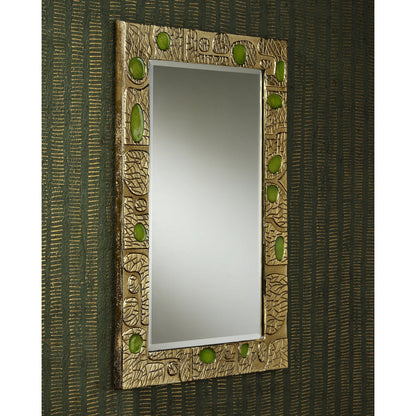 Beau Monde Mirror by Currey and Company in gold, green. Made from cast aluminum, enamel, glass in a modern style.