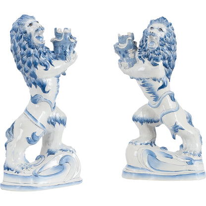 Faience Lions (Set of 2) by Chelsea House in blue, white, cream and blue, white glaze. Made from unique in a eclectic & global style.