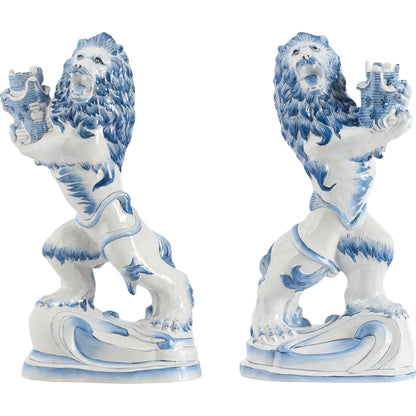 Faience Lions (Set of 2) by Chelsea House in blue, white, cream and blue, white glaze. Made from unique in a eclectic & global style.