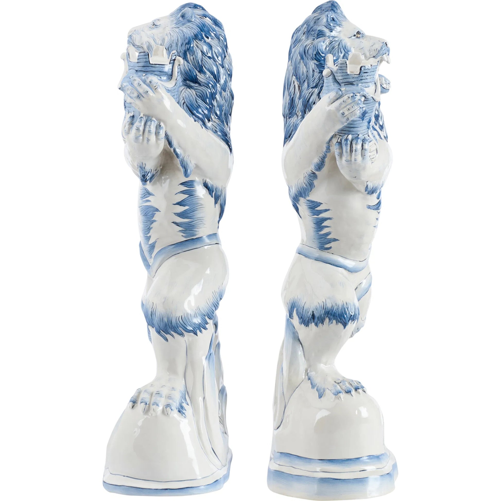Faience Lions (Set of 2) by Chelsea House in blue, white, cream and blue, white glaze. Made from unique in a eclectic & global style.