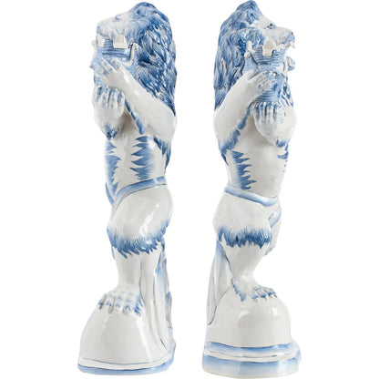 Faience Lions (Set of 2) by Chelsea House in blue, white, cream and blue, white glaze. Made from unique in a eclectic & global style.