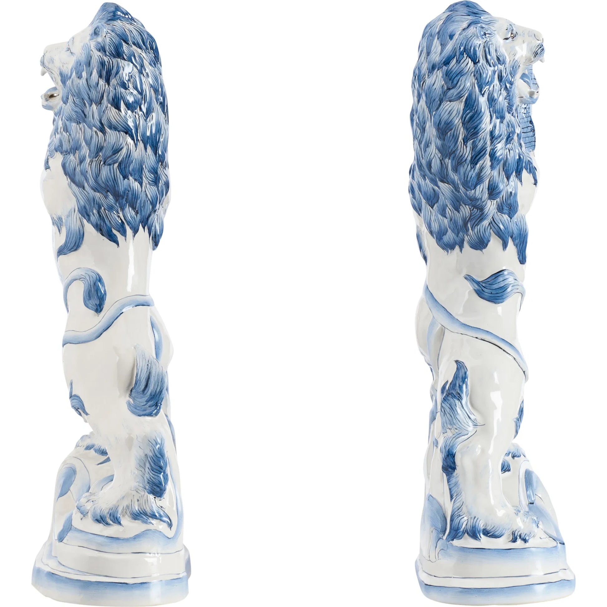 Faience Lions (Set of 2) by Chelsea House in blue, white, cream and blue, white glaze. Made from unique in a eclectic & global style.