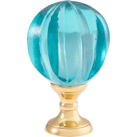 Blue Hand Blown Finial by Chelsea House in green, gold and green, polished brass. Made from unique in a unique style.