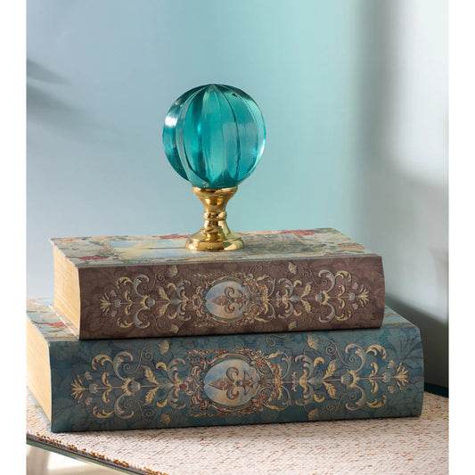 Blue Hand Blown Finial by Chelsea House in green, gold and green, polished brass. Made from unique in a unique style.