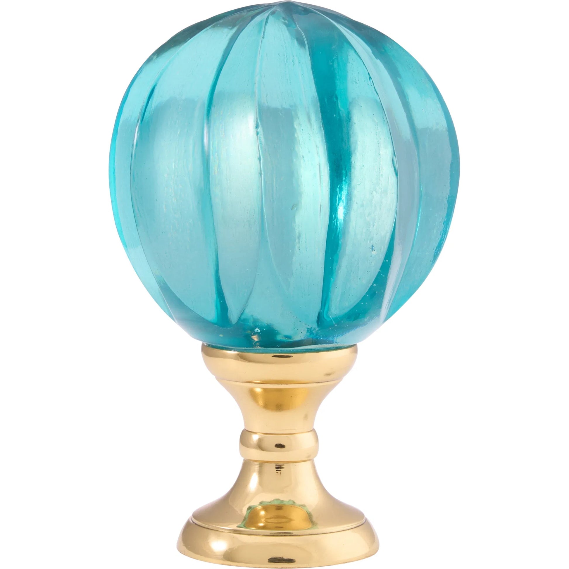 Blue Hand Blown Finial by Chelsea House in green, gold and green, polished brass. Made from unique in a unique style.