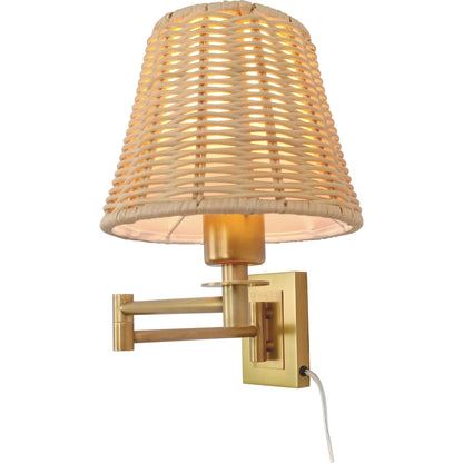 Uptown Sconce by Chelsea House in gold, brown. Made from steel, brass, rattan in a rustic style.