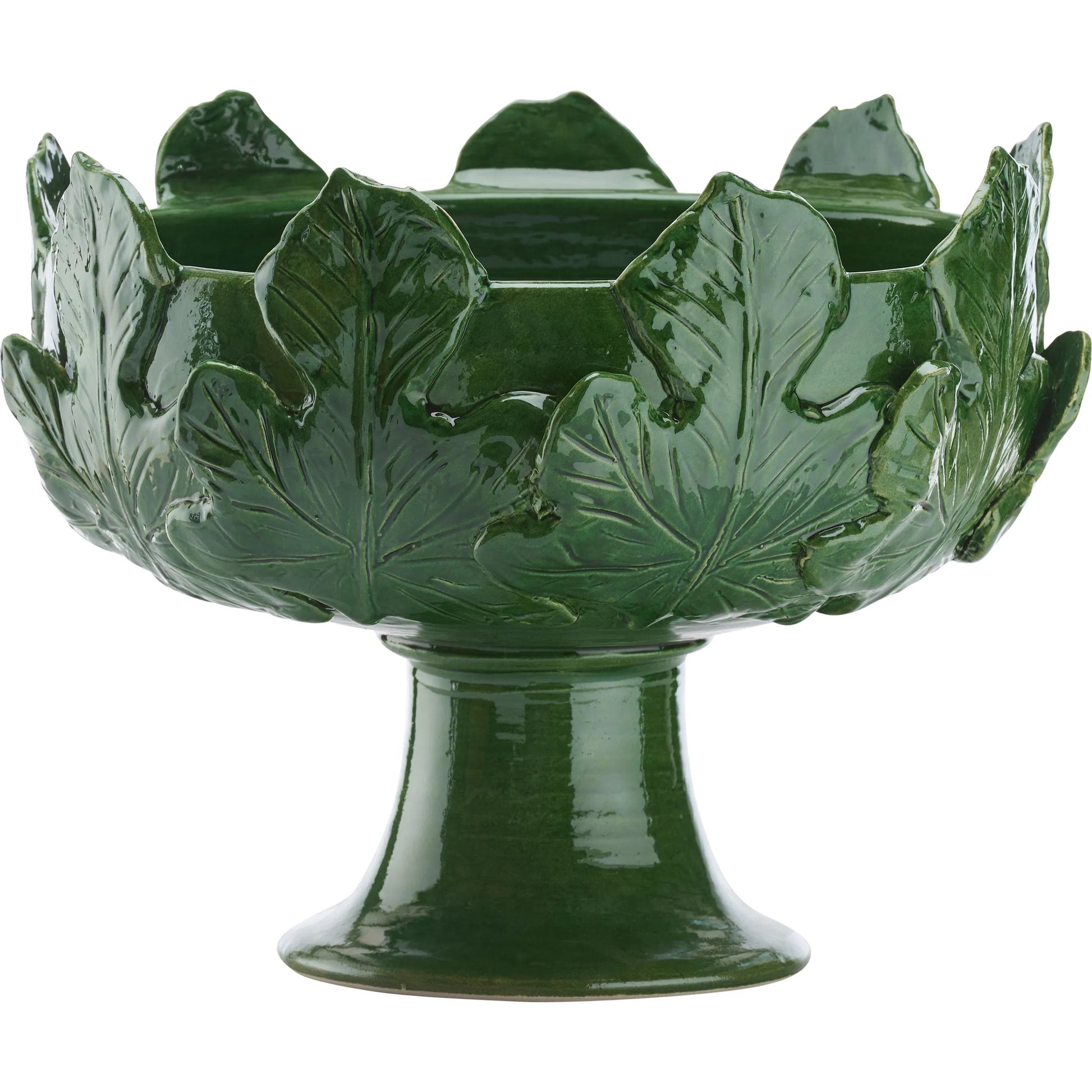 Fig Leaf Pedestal Vase by Chelsea House in green and green glaze. Made from unique in a unique style.