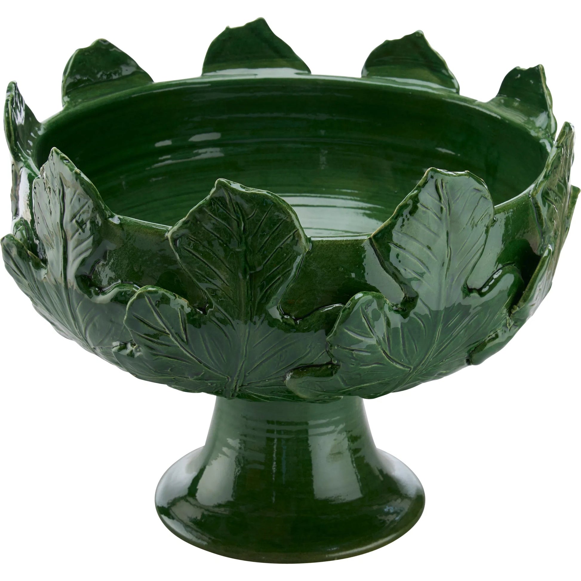 Fig Leaf Pedestal Vase by Chelsea House in green and green glaze. Made from unique in a unique style.