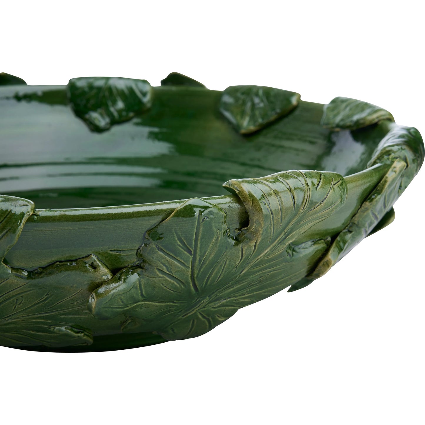 005 SI-2533832 | Closeup | Fig Leaf Low Bowl by Chelsea House in green and green glaze. Made from unique in a unique style.