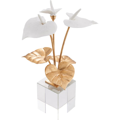 Anthuriums on Stand by Chelsea House in white, cream, gold and matte white, gold leaf, clear. Made from unique in a unique style.