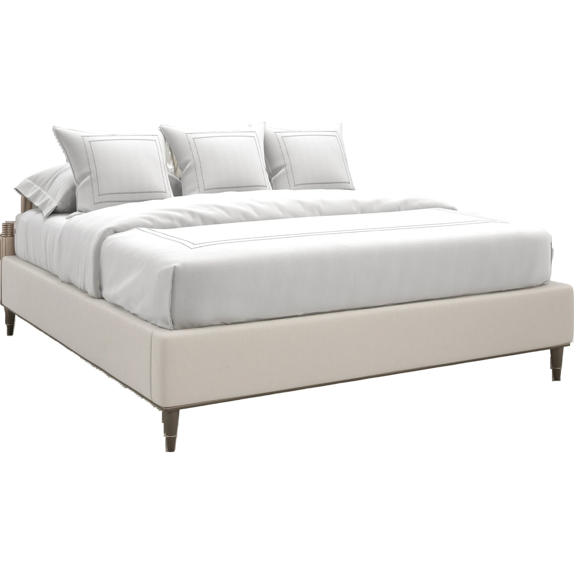 Valentina Upholstered Bed by Caracole in cream and golden shimmer, bronze gold metal. Made from birch, acrylic in a modern style.