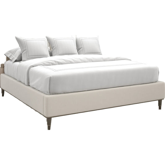 Valentina Upholstered Bed by Caracole in cream and golden shimmer, bronze gold metal. Made from birch, acrylic in a modern style.