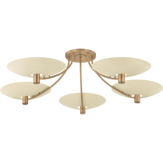 Wolfe Semi Flushmount by Troy in patina brass, soft sand. Made from steel in a unique style.