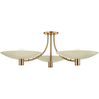 Wolfe Semi Flush by Troy in patina brass and soft sand. Made from steel in a transitional style.